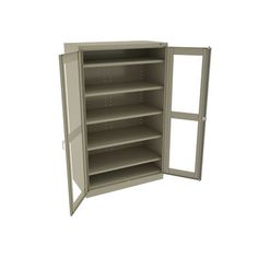 an open metal storage cabinet with shelves and doors