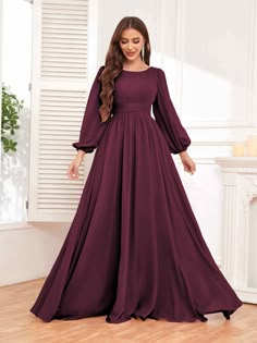 Elegant Dresses With Long Sleeves, Modest Bridesmaid Dresses With Sleeves, Long Sleeve A Line Dress, Party Silhouette, Satin Hoco Dress, Dress Elegantly, Long Sleeve Bridesmaid Dress, Long Sleeve Chiffon Dress, Stretch Satin Dress