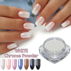 White Chrome Powder, White Chrome Nails, Unghie Nail Art, Chrome Nail Powder, Magic Nails, Mirror Nails, White Chrome, Chrome Powder, Pearl Nails