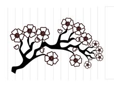 a black and white drawing of a tree with flowers