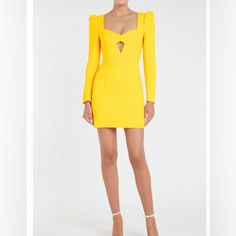 The Feminine Jaclyn Long Sleeve Mini Dress Is Cut From A Canary Yellow Textured Bonded Crepe With A Flattering Slim Fitted Silhouette, Long Sleeves With Puff Shoulders, Curved Sweetheart Neckline With Cutouts At Bust, Flattering Open Back With Self Covered Button Fastening At Back Neck, Zip Fastening At Back Skirt. Yellow Textures, Back Skirt, Rebecca Vallance, Canary Yellow, Dress Yellow, Long Puff Sleeves, Fitted Silhouette, Long Sleeve Mini, Long Sleeve Mini Dress