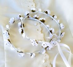 White floral Stefana crowns rhinestones Greek Orthodox Bride Groom Wedding Bridal Flower crown Hair Wreaths accessories headwreath pair Flower Girl Hair Wreath, Wedding Halo, Flower Crown Hairstyle, Wreath Accessories