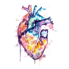 the human heart is painted with watercolors on white paper and has been altered to resemble