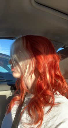 Orange Hair Styling, Red Orange Hair With Blonde Money Piece, What Color To Do After Red Hair, Red Hair Ariel, Red Head Anime Female Pfp, Red Hair Orange Money Piece, Red Hair With White Tips, Blonde And Red Hair Ideas, Red Hair White Bangs