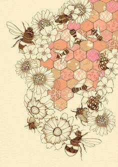 bees and flowers are arranged in the shape of a honeycomb