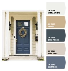 a blue front door with white trim and black shutters, surrounded by three different color swatches