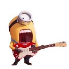 a minion playing guitar and singing into a microphone with his mouth open while holding a red electric guitar