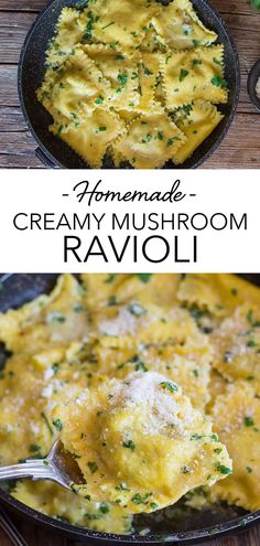 homemade creamy mushroom ravioli in a cast iron skillet and topped with parsley