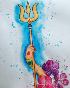 a watercolor painting of a person holding a stick with flowers in front of them