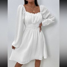 Boho White Dress Summer Dress Long Sleeve Tie Up Bow Detail Tied Dress, High Waist Dress, Ruffle Hem Dress, Vestido Casual, Evening Gowns Formal, Daily Dress, White Tie, Solid Dress, Hem Dress