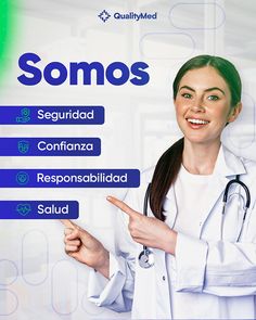 a woman in a white coat pointing to the text somos on her hand and smiling at the camera