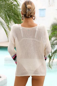 Constructed with soft knit material, this Women's Long Sleeve Sweater Striped Knit Swim Cover Up is the perfect combination of comfort and style. Wrap yourself in cozy warmth while showcasing a fashionable striped design. Perfect for a day at the beach or lounging by the pool, this cover up is a must-have for any summer wardrobe. Designed by Lily Clothing. B116 Boho Swimwear, Crochet Cover Up, Smock Top, Extra Long Sleeves, Striped Sleeve, Summer Beach Wear, Swimsuit Cover Ups, Boho Summer, Bustiers