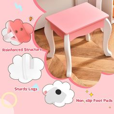 a pink table with white legs and an animal head on the top is surrounded by clouds