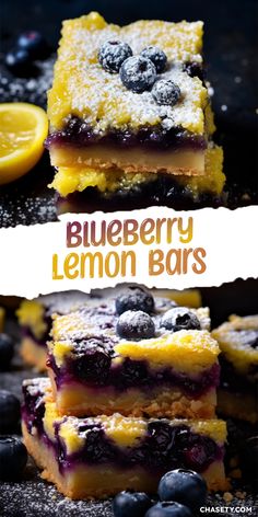 blueberry lemon bars stacked on top of each other