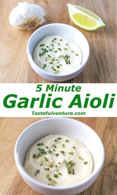 garlic aioli in a white bowl on a wooden table with the title 5 minute garlic aioli