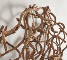 a sculpture made out of wood sticks and vines on a wall with white background,