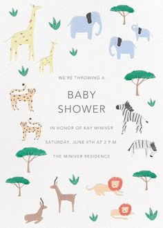 a baby shower card with animals and trees