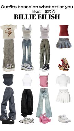 a bunch of different types of clothes and shoes on display with text that reads outfits based on what artist you like