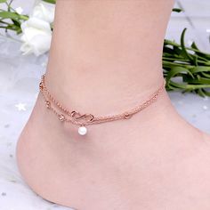 Gnoce "Love Anklet Lock" 18K Rose Gold Plated Pearl Infinity Anklet Inlaid with CZ Stones - Gnoce Jewelry Anklet Ideas, Infinity Anklet, Elegant Anklet, Hemp Anklet, Rose Gold Anklet, Beautiful Christmas Scenes, Crystal Anklet, Anklet Designs, Not Guilty