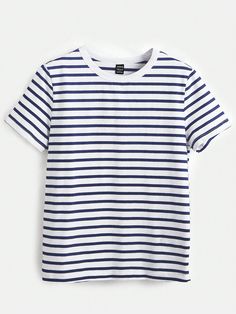 Ladies' Striped Contrast Color T-Shirt Blue and White Casual  Short Sleeve Knitted Fabric Colorblock,Striped  Medium Stretch  Women Clothing, size features are:Bust: ,Length: ,Sleeve Length: Shein Basics, Blue And White Striped Shirt, Coastal Grandmother, Striped Short Sleeve Shirt, Dark Jeans, Tshirt Outfits, White Casual, Striped Shorts, Amazing Products