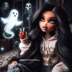 a doll with long black hair is holding her hand up in front of a ghost