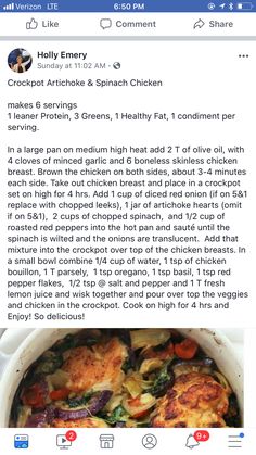 an instagram page with the recipe for crockpot artichoke and spinach chicken