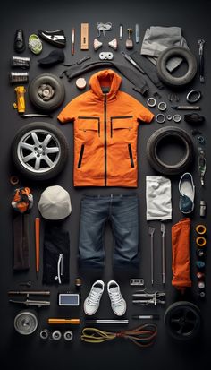 an assortment of tools and equipment laid out in the shape of a man's body