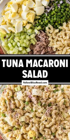 tuna macaroni salad in a bowl with text overlay