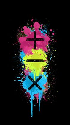 an abstract painting with paint splatters and crosses in the center on a black background