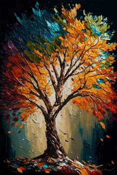 an abstract painting of a tree with colorful leaves