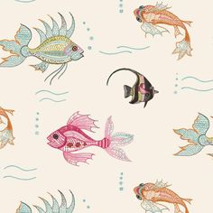 an image of colorful fish in the water on a white background with blue and pink colors