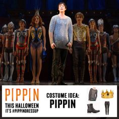 a man standing in front of a group of mannequins with the words pippin costume idea