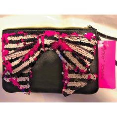 Betsey Johnson Fancy Bow Wristlet Black / White Black Pink Stripe Bow Brand New With Tag Size, Small Approx 7.5" Wide X 5" Tall Pink Floral Lining Inside Sequin Bow, In Colors, Pink, White And Black. Zip Closure Pink Clutch Wristlet As A Gift, Pink Clutch Wristlet With Zipper Closure, Black Wristlet For Evening, Black Evening Wristlet With Zipper Closure, Evening Black Wristlet With Zipper Closure, Pink Clutch Wristlet, Trendy Pink Clutch With Zipper Closure, Trendy Pink Clutch With Zipper, Black Clutch Wristlet For Gift