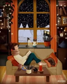 a person sitting on a couch in front of a window with christmas lights around them