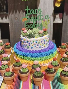 there is a cake and cupcakes that are sitting on the table with each other