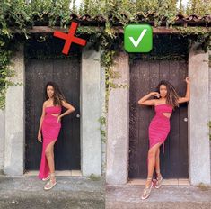 a woman in a pink dress standing next to two doors with an x sign above her head