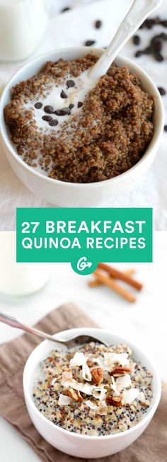 breakfast quinoa recipe in a bowl with milk and granola on the side