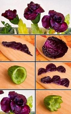 there are many pictures of purple flowers on the cutting board, and one is cut in half