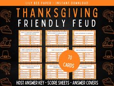 the thanksgiving menu is shown with orange and black lettering, including an image of turkeys