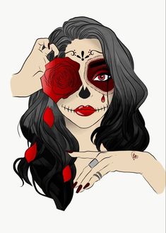 a drawing of a woman with makeup and roses on her face, covering her eyes