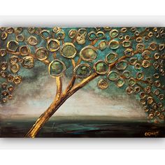 ORIGINAL Gold Teal Tree Painting, Abstract Blooming Tree Painting, Gold Texture Wall Art by Osnat  PAINTING'S INFORMATION: This is a Made-To-Order Painting - the painting I will create for you will be similar to the original painting I posted here that was already sold. Time frame to create this textured TREE art is 5 business days. Painting's name: "The Golden Apple Tree" Size: 30"x20"x1" Medium: Acrylic on wrapped stretched canvas HANDLING & SHIPPING INFORMATION: - Shipped STRETCHED - I ship via DHL / FedEx - There is no shipping at Friday and Saturday - Shipping is 3-5 business days. INSURANCE & ASSURANCE: - All of my paintings are professionally packaged and insured against any damage or loss. - All my paintings are created with great care and are coated with varnish to protect the col Blooming Tree Painting, Tree Painting Abstract, Image Loading, Modern Landscape Painting, Fish Designs, Texture Wall Art, Blooming Trees, Tree Artwork, Painting Gold