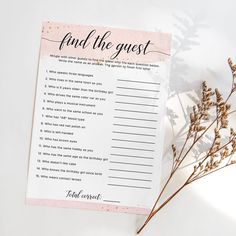 a birthday gift list with dried flowers on the side and a pink card that says, who knows the birthday girl best?