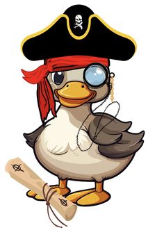 a cartoon duck wearing a pirate hat and eyeglasses with a baseball bat in his hand