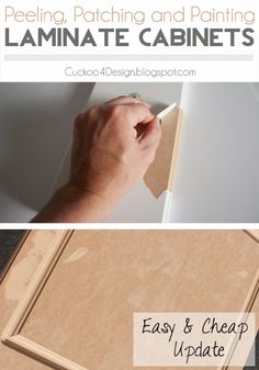 a person is painting laminate cabinets with the words easy and cheap update on it