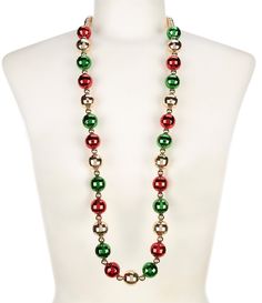 From Merry & Bright&#x2C; this necklace features: Long strand necklace Gold&#x2C; red and green acrylicLobster claw closureApprox. 34.5" LImported. Festive Long Necklace With Colorful Beads, Long Red Holiday Necklace, Christmas Necklaces With Colorful Round Beads, Festive Red Multi-strand Jewelry, Red Multi-strand Beaded Necklace For Festive Occasions, Merry Bright Christmas, Accessories Jewelry Necklace, Strand Necklace, Christmas Balls