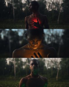 two different images of a woman with green paint on her face and chest, in front of trees