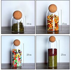 four images show different types of candies in glass jars with corks on top