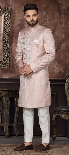 Pink and Majenta color Jacquard fabric IndoWestern Dress : 1842300 Elegant Pink Sherwani With Intricate Embroidery, Pink Embroidered Sherwani For Formal Occasions, Formal Brocade Dress With Intricate Embroidery, Formal Pink Embroidered Sherwani, Elegant Pink Sherwani For Ceremonial Occasions, Elegant Embroidered Jacquard Dresses, Pink Jacquard Dress For Wedding, Winter Wedding Dress With Embroidery, Formal Brocade Dress With Zari Work