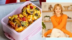 a woman sitting on a counter next to an image of food in a container and smiling at the camera