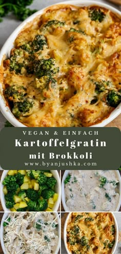 broccoli and cheese casserole with text overlay that reads, vegan & enfageth kartoffeikrahn mit boek